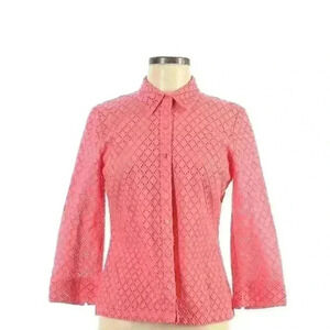 Sigrid Olsen Pink Orange Knitted Button-Up Eyelet Blouse Size Medium Top